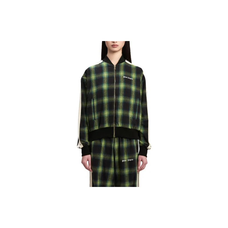 PALM ANGELS Classic Logo Check Bomber Jacket 'Green/Off White'-1