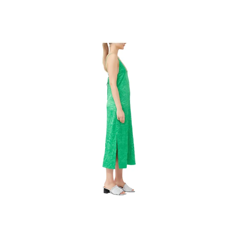 GANNI Crinkled Satin Slip Dress 'Green'-4
