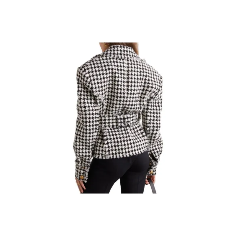 BALMAIN Houndstooth Tweed Belted Jacket-4