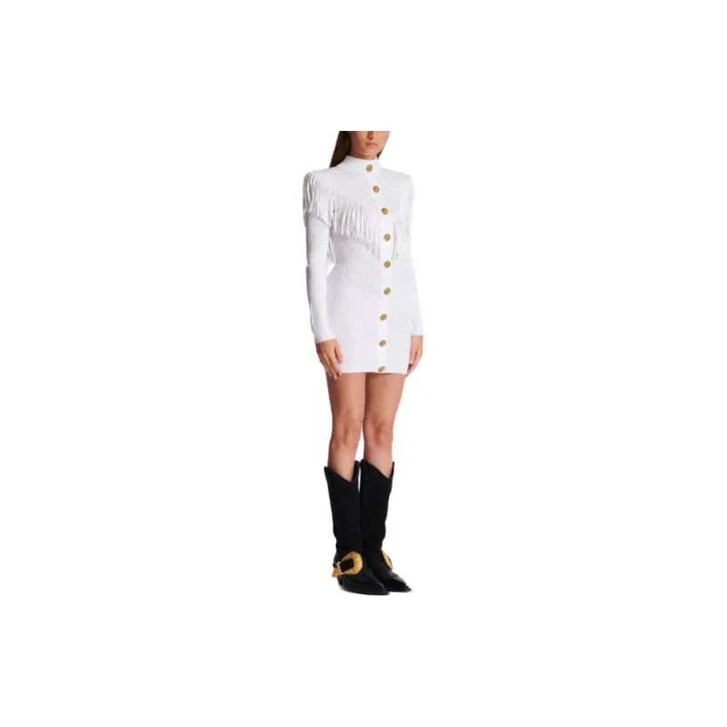 BALMAIN High Neck Fringed Knitted Minidress-3