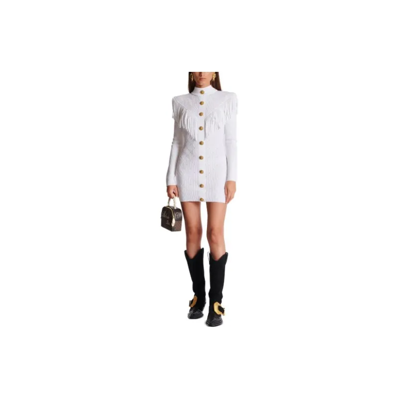 BALMAIN High Neck Fringed Knitted Minidress-1