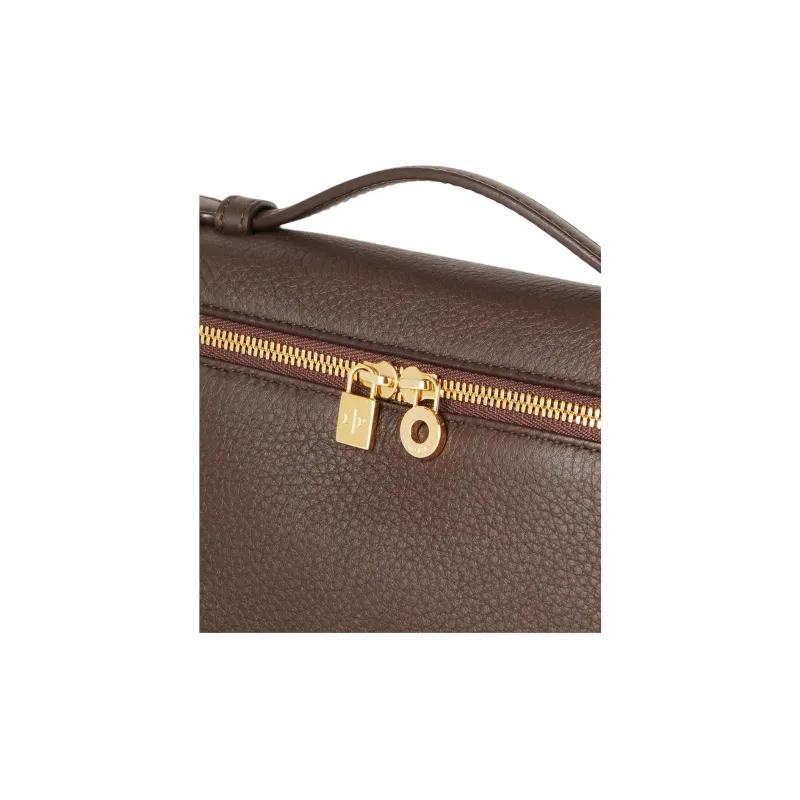 Loro Piana Cow Leather Shoulder Bag Crossbody Bag Handbag Women's Dark Licorice Chocolate With Sun Gold-5