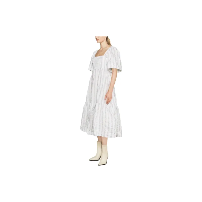 GANNI Striped Seersucker Midi Dress-3