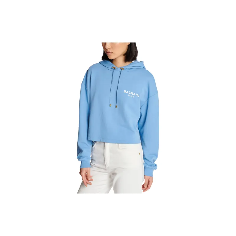 BALMAIN Flock Detail Cropped Hoodie 'Pale Blue/Natural'-5