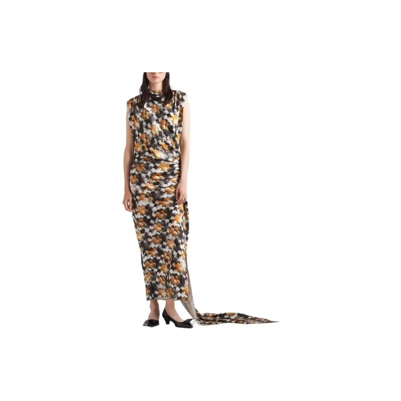 PRADA Long Printed Satin Dress Sleeveless Dress Women's Yellow-1