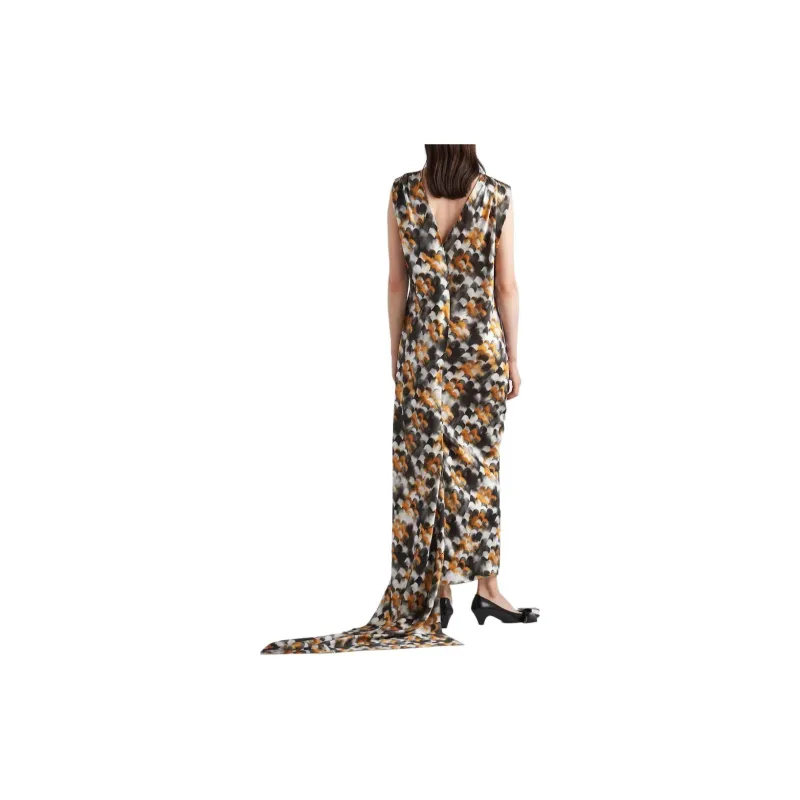 PRADA Long Printed Satin Dress Sleeveless Dress Women's Yellow-2