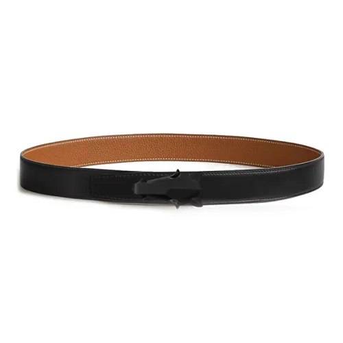 HERMES Calfskin Stainless Steel Rubber Leather Belts Men's Black/Brown Width: 3.2CM