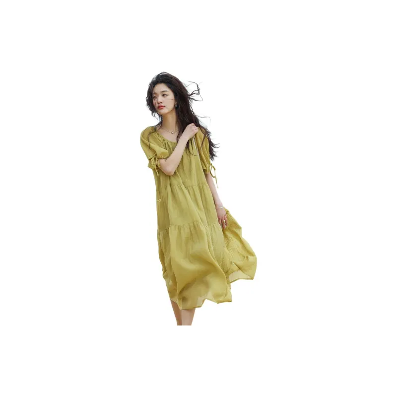 【dme】 SS24 Short Sleeved Dresses Women's Yellow Green-2