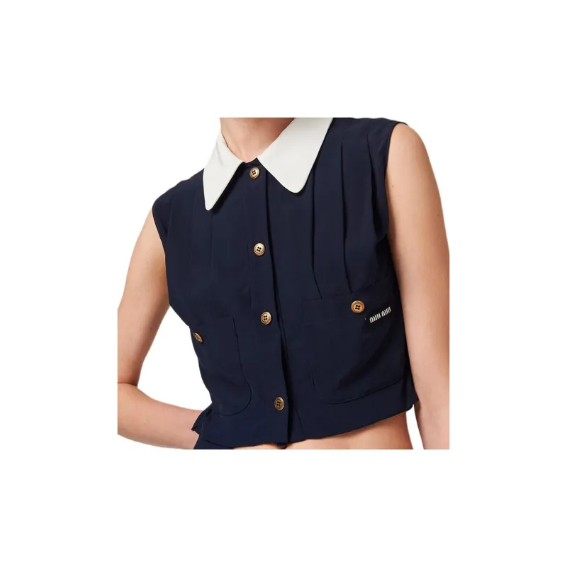MIU MIU Pleated Marocain Top Crop Top Women's Marine Blue-3