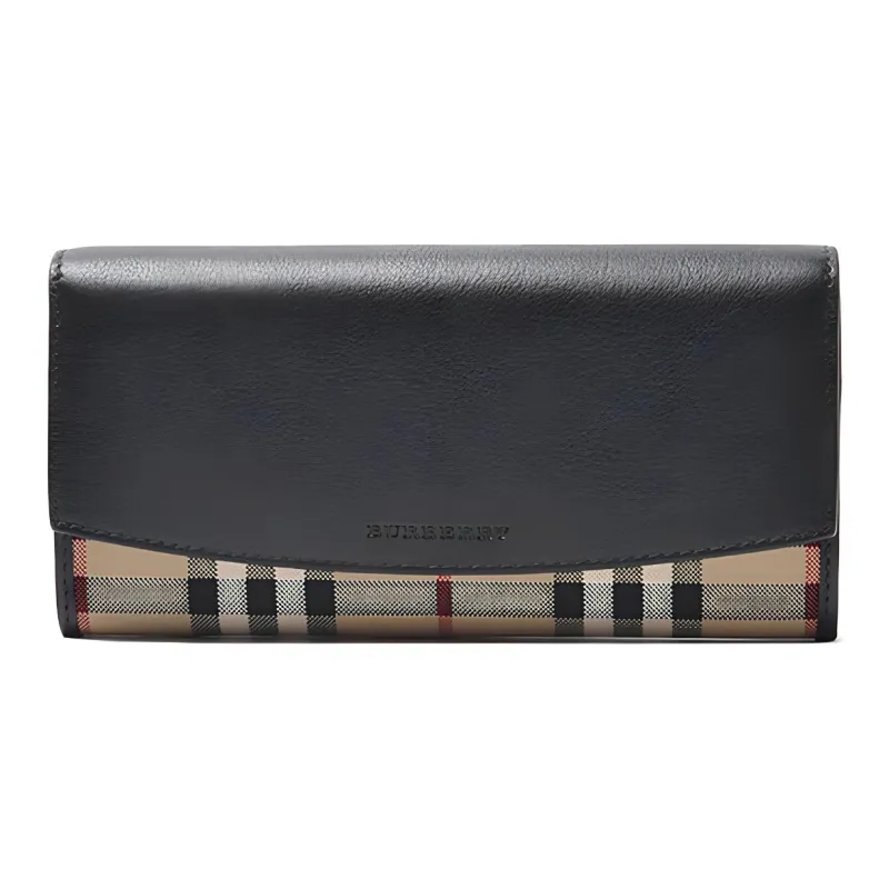 Burberry Leather Card Holder Long Wallet Unisex Black/Khaki-0