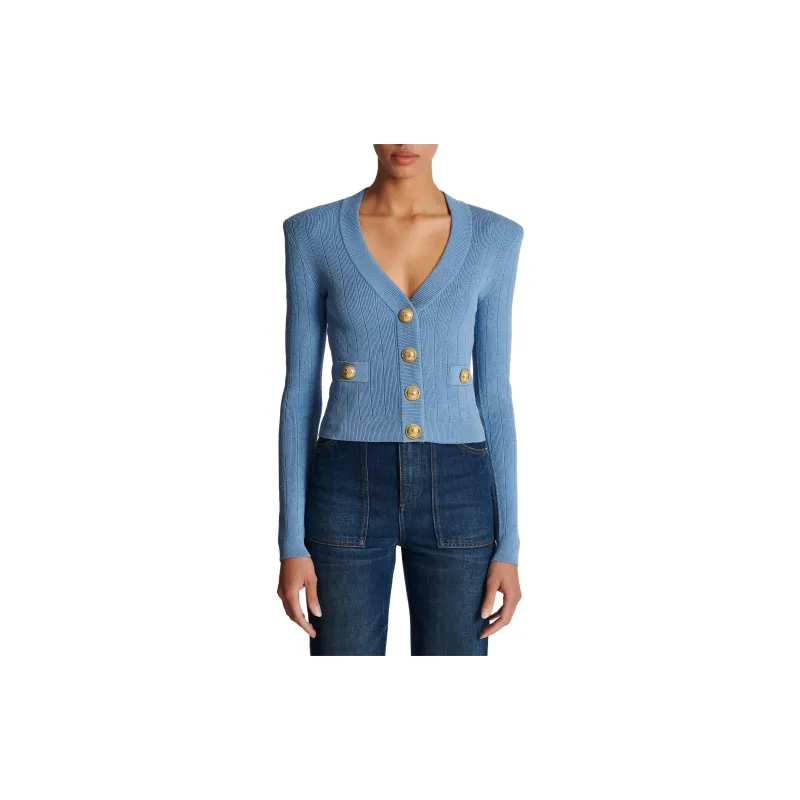 BALMAIN Ribbed knit V neck Cardigan-3