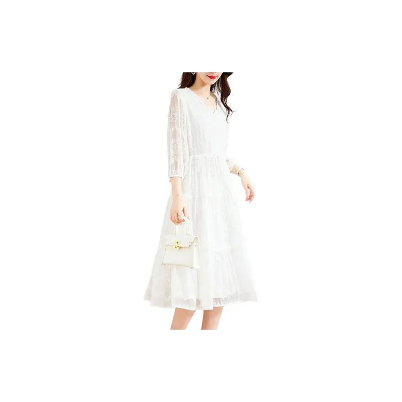 Yi Mengyuan Silk Long Sleeved Dress Women's White-4