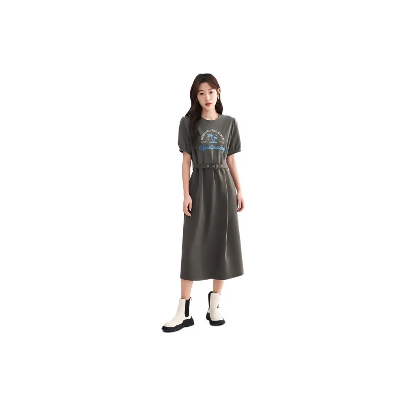 Initial Language Short Sleeved Dresses Women's Copper Green-1