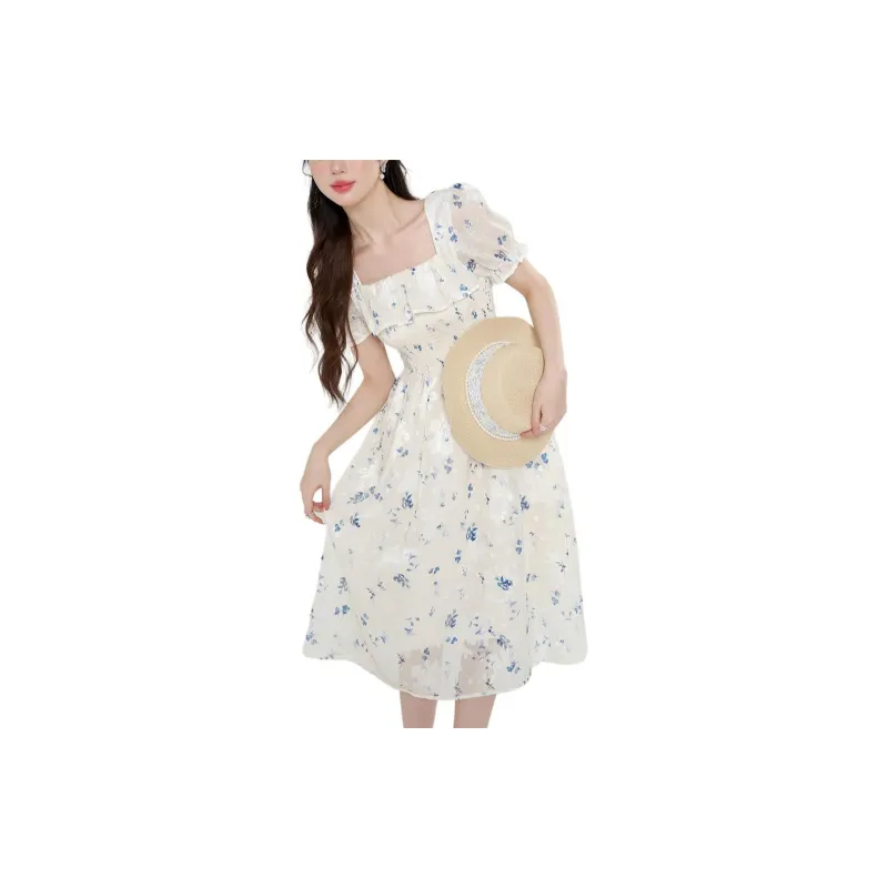 Emodues Short Sleeved Dress Women's Apricot Blue Floral-4