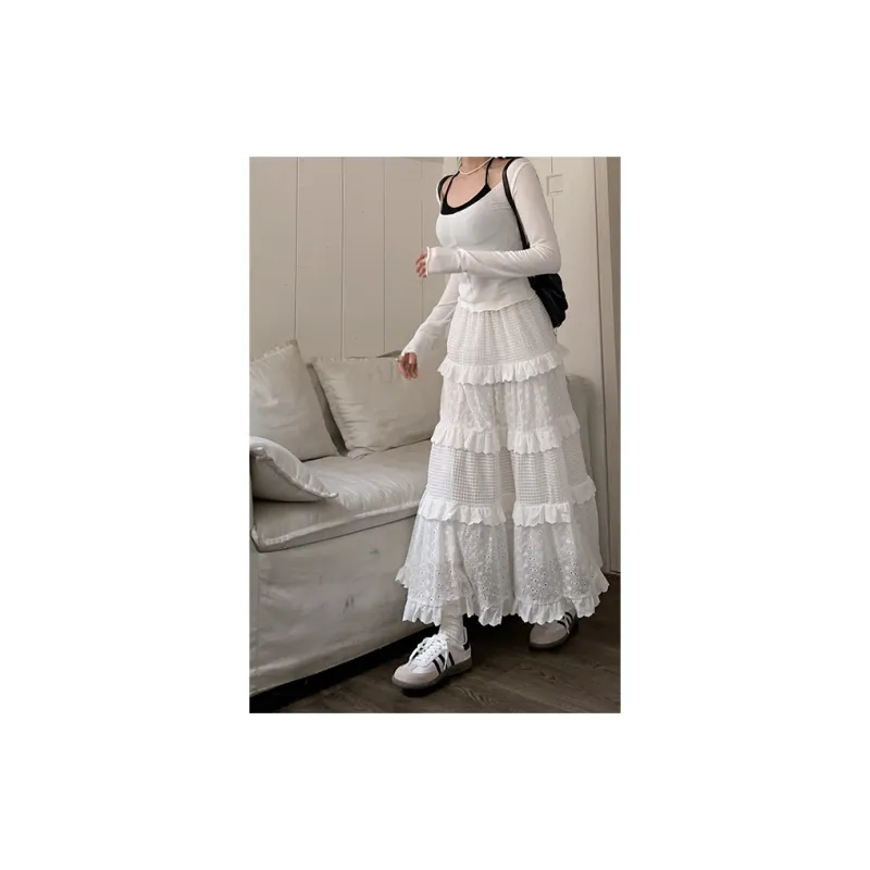 FLIM Casual Long Skirts Women's White Embroidery Lace-11