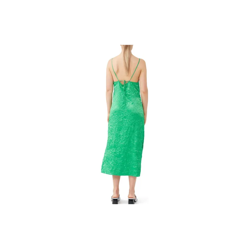 GANNI Crinkled Satin Slip Dress 'Green'-3