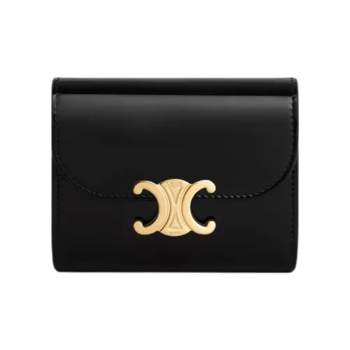 CELINE Lacquered Finish Cow Leather Wallet Small Size Women's Black