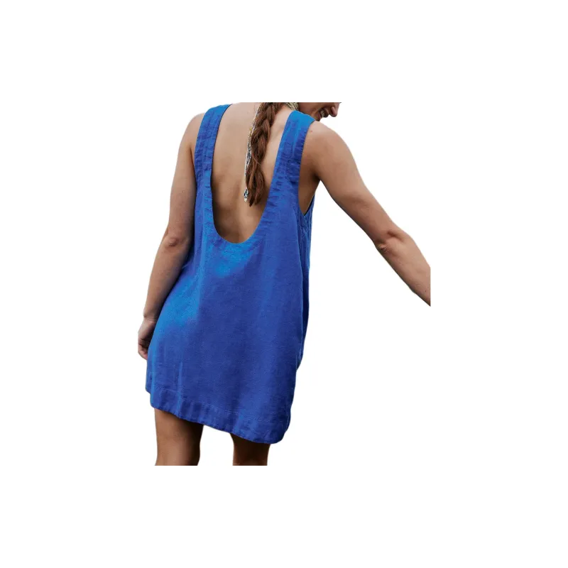 FREE PEOPLE Full Of Sunshine Cotton-Linen Mini Sleeveless Dress Women's Baja Blue-1