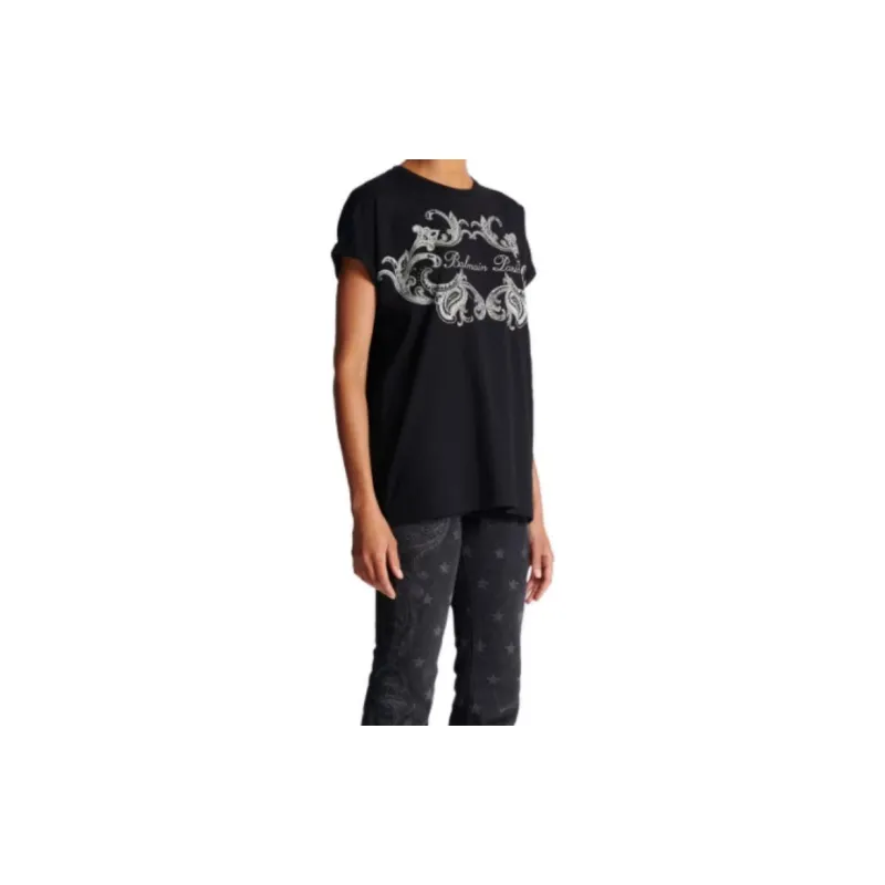 BALMAIN Signature Paisley T Shirt 'Black/Ivory'-5