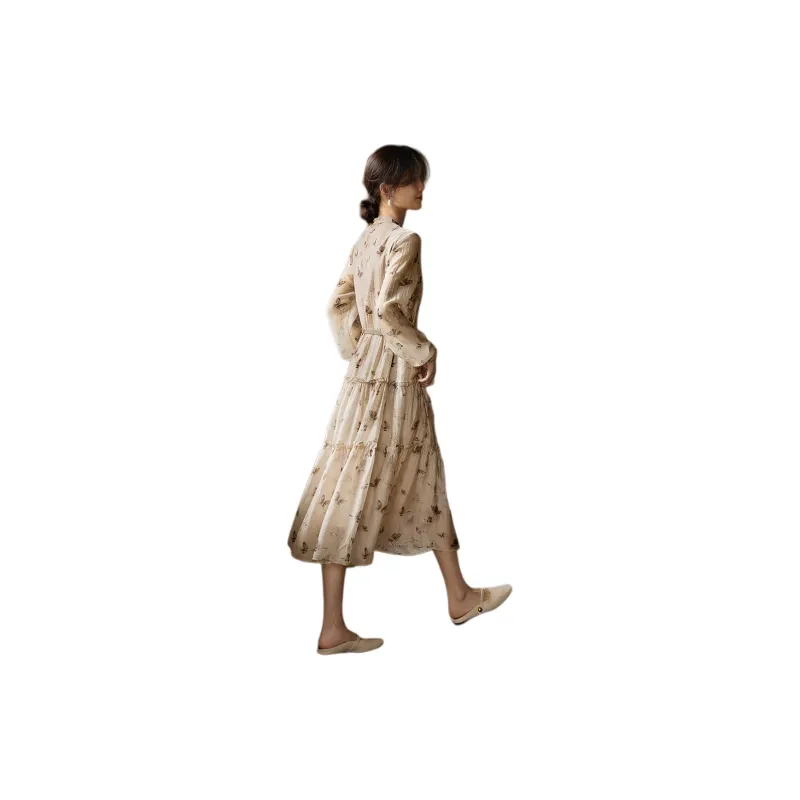 XWI Long Sleeved Dress Women's Beige With Coffee Floral-2