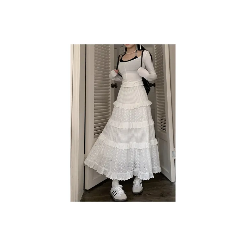 FLIM Casual Long Skirts Women's White Embroidery Lace-6