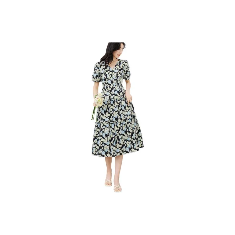 Hopeshow Short Sleeved Dress Women's Blue Floral-2