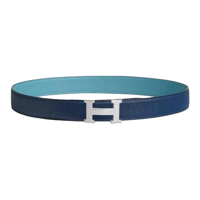 HERMES Brushed Palladium Leather Belts Unisex Denim Blue/Navy Width: 3.2cm-1