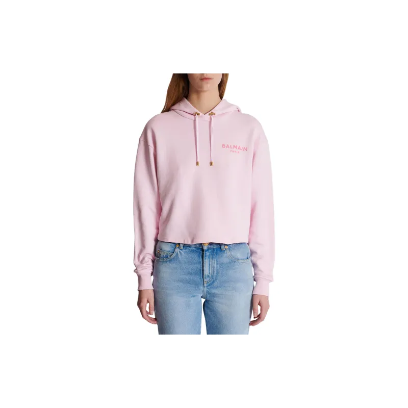 BALMAIN Flocked Logo Cropped Hoodie-4