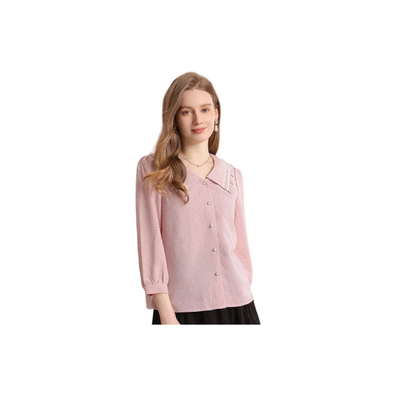 FENHONGMALI Shirt Women's Pink White Plaid-3