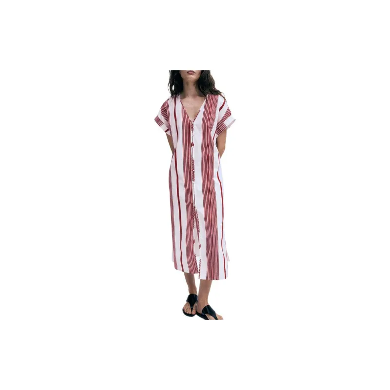 H&M Short-Sleeved Dresses Women's White With Red Stripes-1