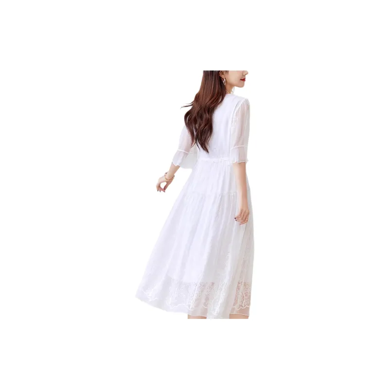 Yi Mengyuan Lace Up Silk Long Sleeved Dress Women's White-4
