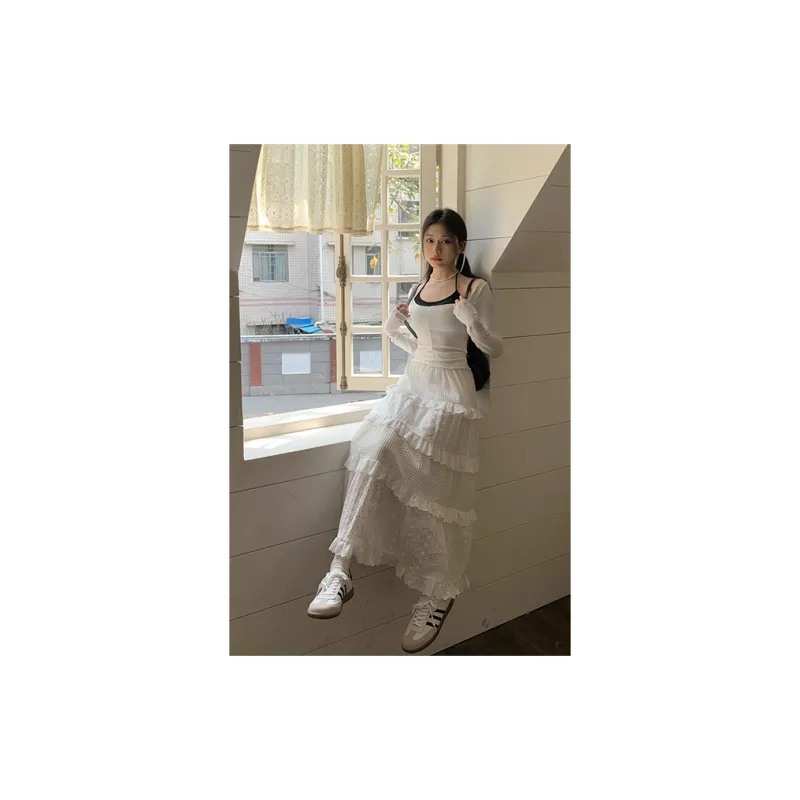 FLIM Casual Long Skirts Women's White Embroidery Lace-9