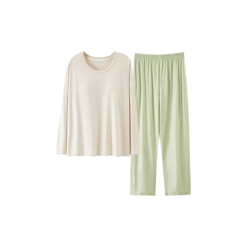 Pretty Lady Pajama Set Women's Beige White Green-0