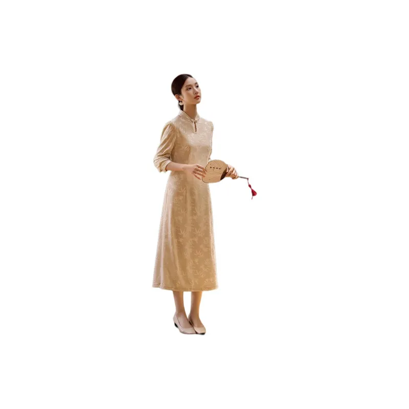 XWI Long Sleeved Dress Women's Beige Apricot-1
