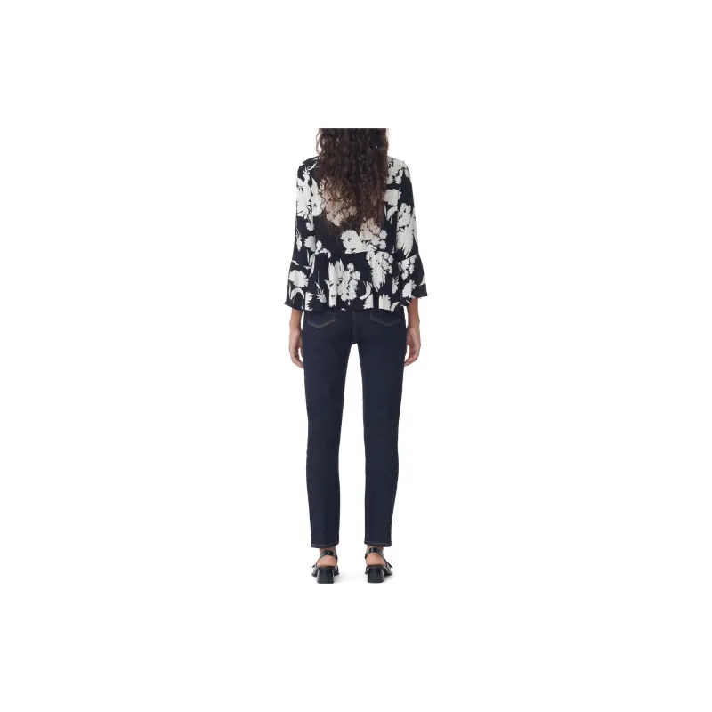 GANNI Printed Crepe Peplum Blouse Shirt Women's Black-3
