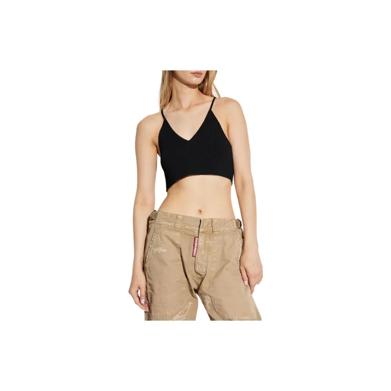 DSQUARED 2 Logo Plaque V Neck Ribbed Cropped Top-2