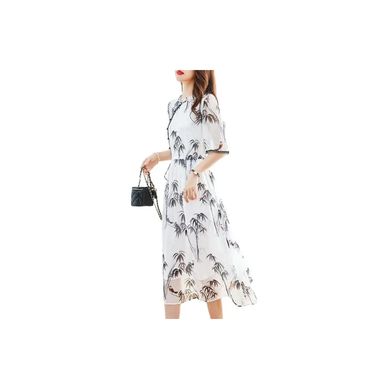 Yi Mengyuan Lace Up Silk Short Sleeved Dress Women's Multicolor-4