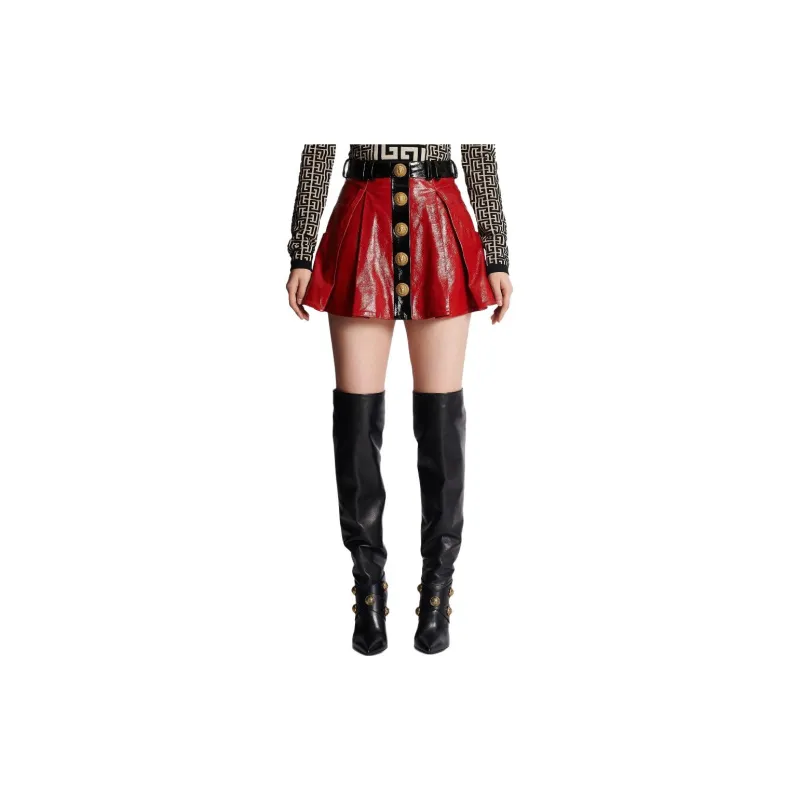 BALMAIN Pleated Patent Leather Miniskirt-1