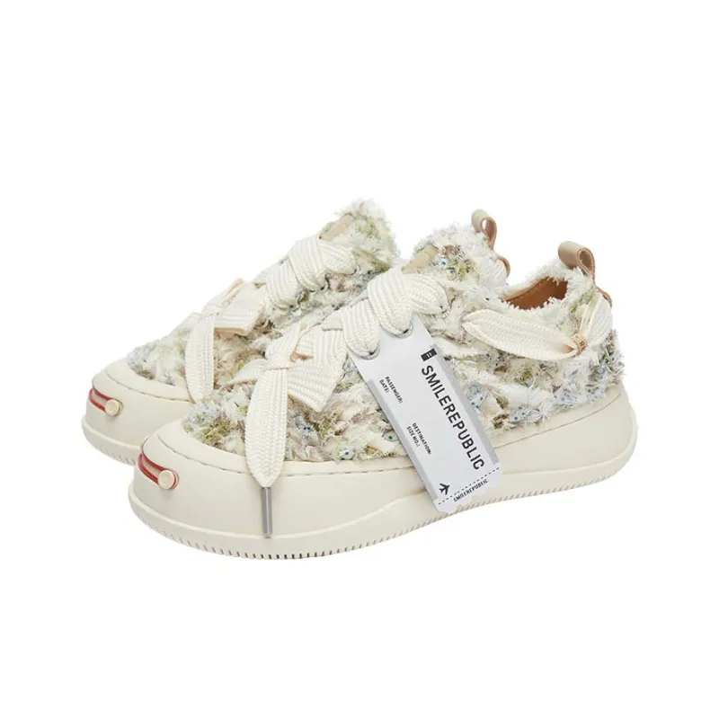 SMILEREPUBLIC MONET TWEED.LOW.SP Height Increasing Wear-Resistant Low-Top Canvas Shoes Unisex Brown Green-2