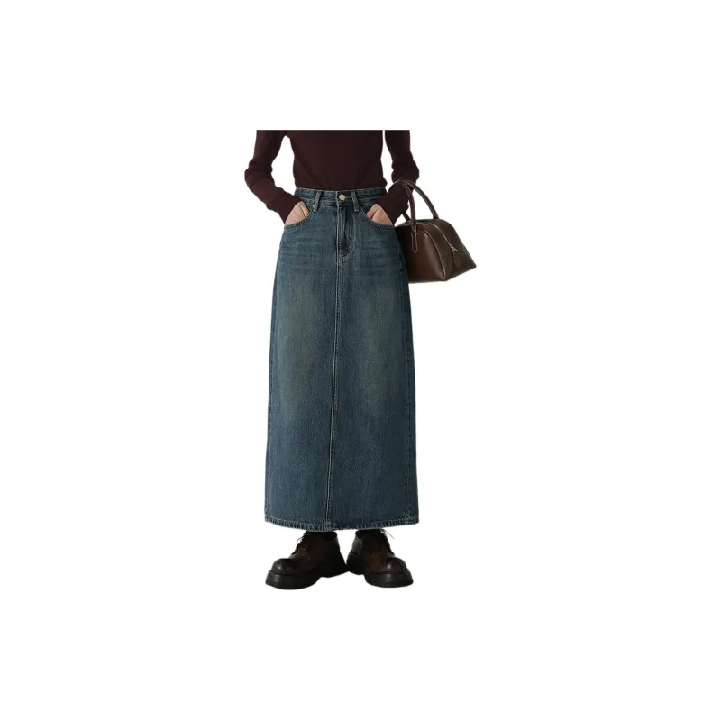 Weixi Denim Long Skirts Women's Vintage Blue-1