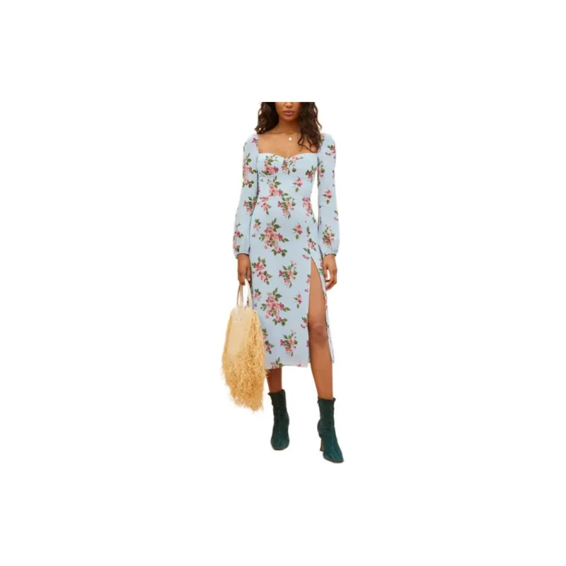 REFORMATION Shelby Dress Long Sleeved Dress Women's Blue-1