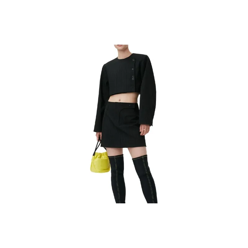 GANNI Stretch Stripe Cropped Blazer 'Black'-2