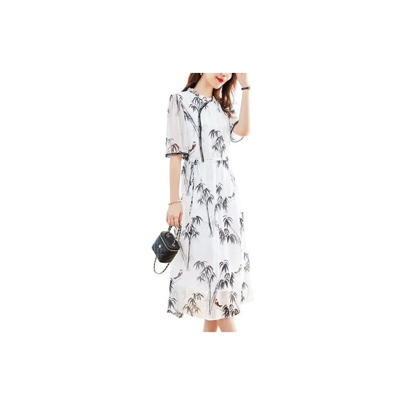 Yi Mengyuan Lace Up Silk Short Sleeved Dress Women's Multicolor-5
