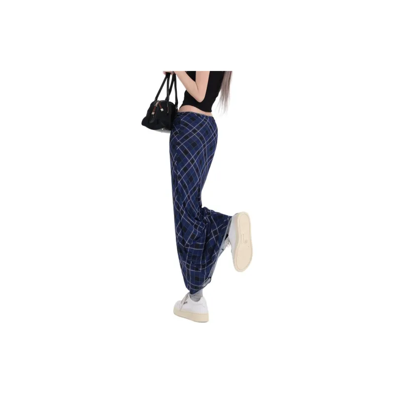 ZAVK Casual Long Skirts Women's Dark Blue Plaid-4