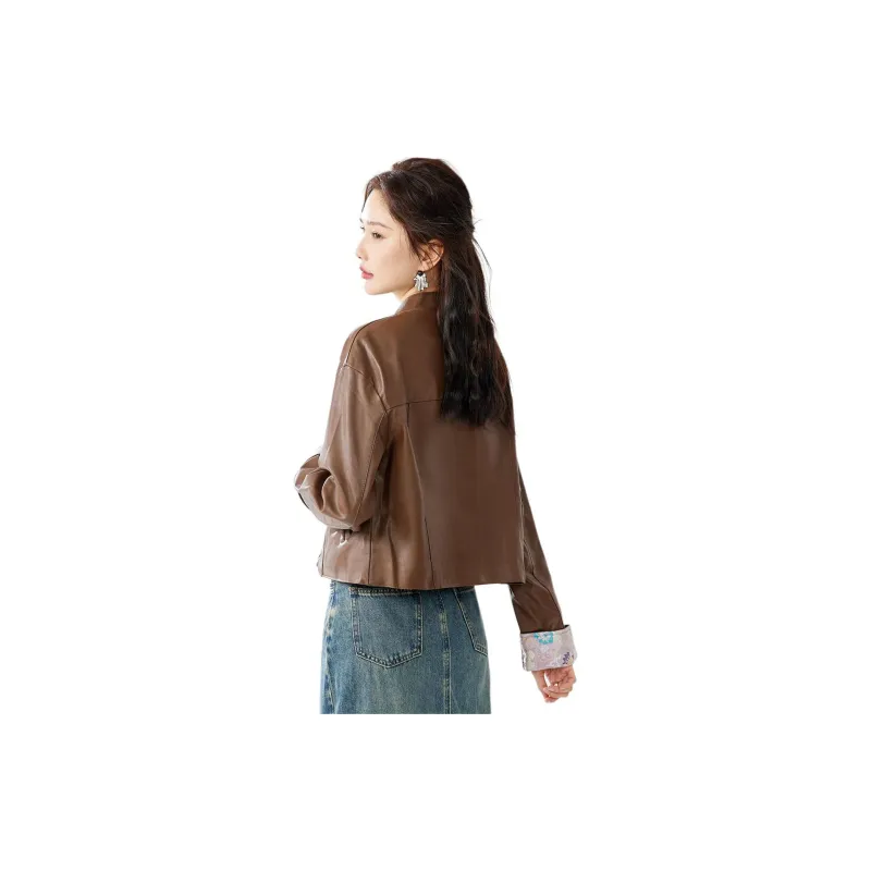 TERRE BLEUE Leather Jacket Women's Coffee-4