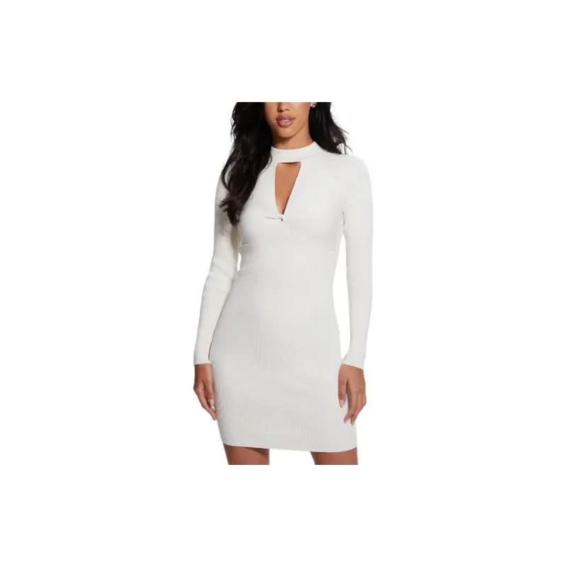 GUESS Cut-Out Mini Sweater Dress Long-Sleeved Dresses Women's White-1