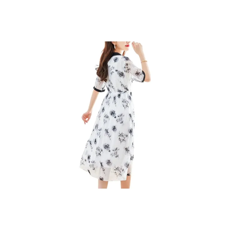 Yi Mengyuan Lace Up Silk Short Sleeved Dress Women's Multicolor-2