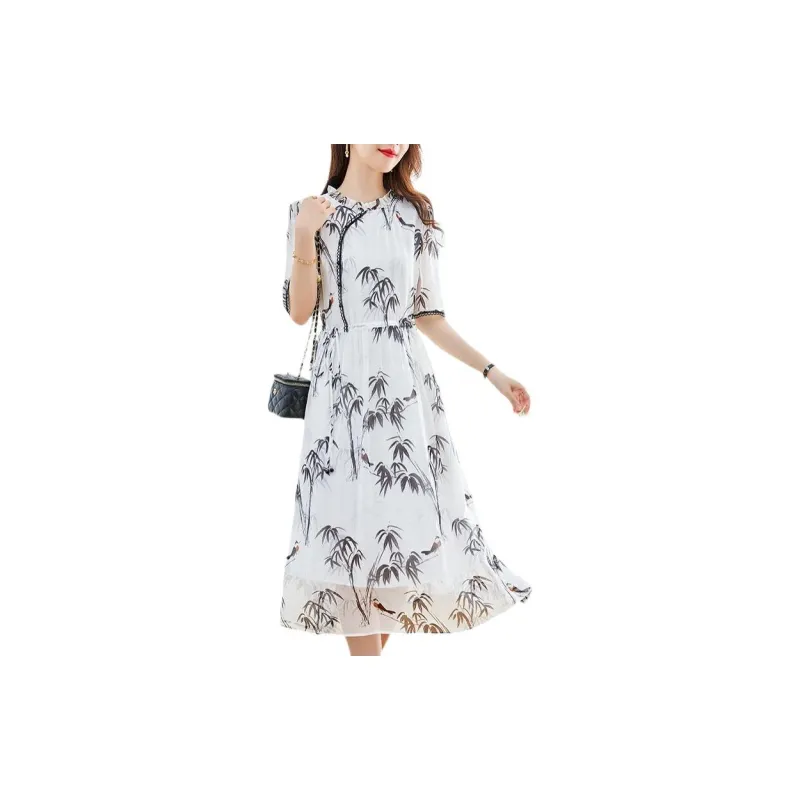 Yi Mengyuan Lace Up Silk Short Sleeved Dress Women's Multicolor-1