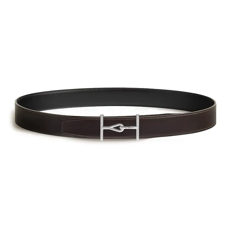 HERMES Calfskin, Stainless Steel, Rubber Leather Belts Women's Black/Brown Width 3.2CM-1