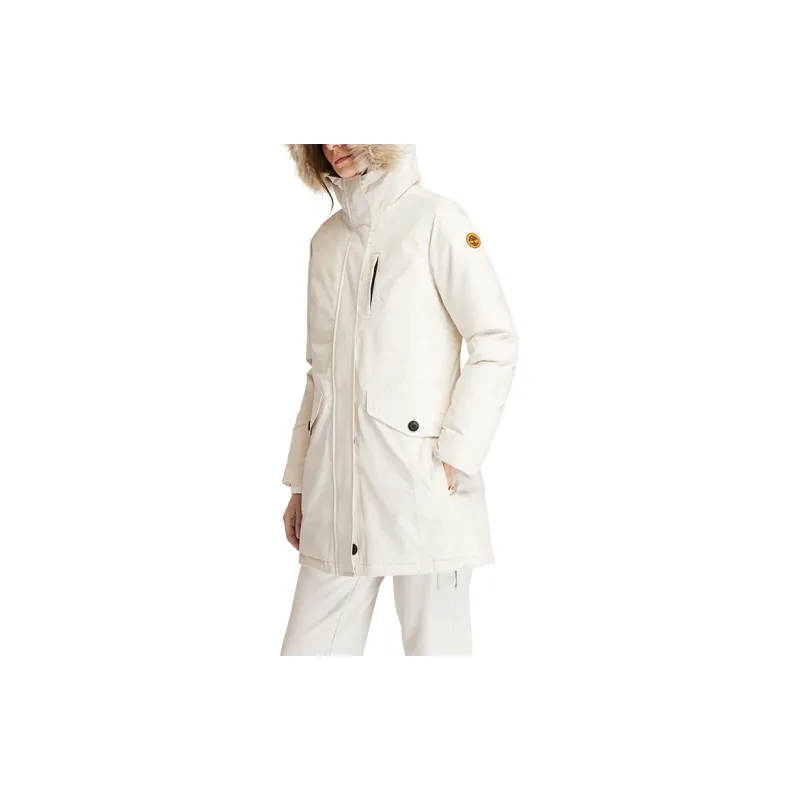 Timberland Letter Hooded Mid Length Puffer Jacket Women's White Sand-6